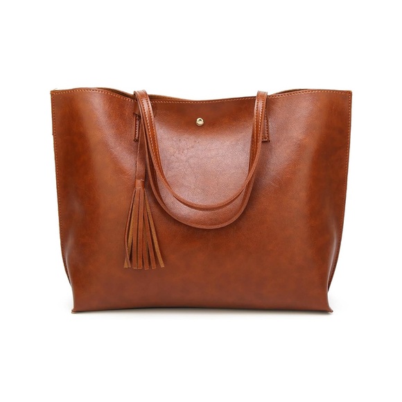 Brown Shoulder Leather Tote Tassel Bag - Picture 2 of 5